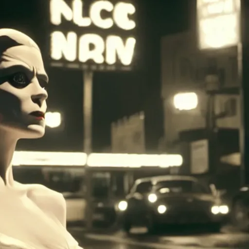 Image similar to noir cinematic portrait of bride of frankenstein as a replicant in a busy street at night, sleepy, frightened and angry, still from the movie ex machina, a neon sign is in the background