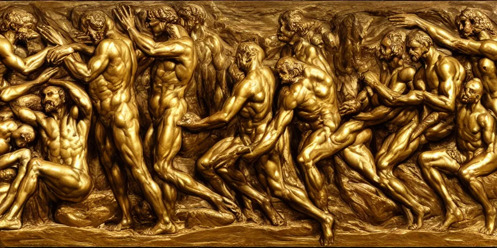 Image similar to A gilded bronze bas relief of the Creation of Man in the style of Alfred Gilbert, Jules Dalou, Auguste Rodin, 1899, 4K resolution