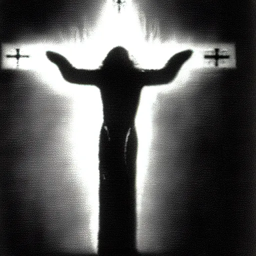 Prompt: vhs static overlay of sign of the cross, angel apparitions, vhs, 1 9 9 0, highly realistic, highly detailed, vhs noise static, black and white, vhs glitch