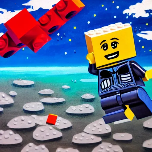 Image similar to lego blocks painting of astronaut in the ocean by fujita, goro, skies, realistic, colorful, positive vibes, cinematic, 3 d, hd