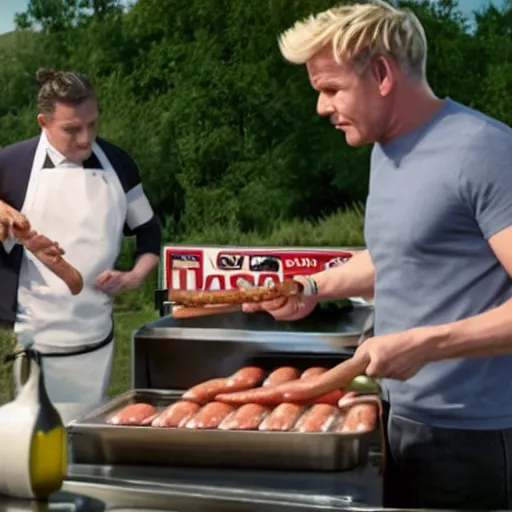 Image similar to a film still of gordon ramsay selling hotdogs in a new movie, 4 k