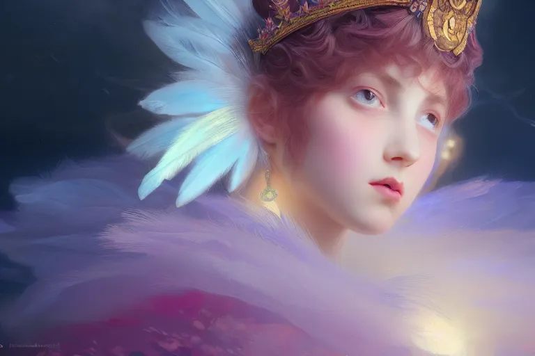 Prompt: Portrait of magical girl, close up, wearing crown of bright feathers, painting by Ivan Aivazovsky and Greg Rutkowski, artstation, fantasy, intricate, beautiful, cinematic, octane render, arnold render, 8k, hyper realism, detailed, sharp focus, 4k uhd, masterpiece, award winning