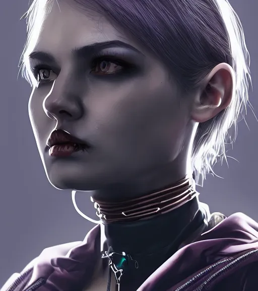 Image similar to detailed realistic female character cyberpunk wearing thick steel collar around neck, realistic, art, beautiful, 4K, collar, choker, collar around neck, punk, artstation, detailed, female, woman, choker, cyberpunk, neon, punk, collar, choker, collar around neck, thick collar, tight around neck, punk,