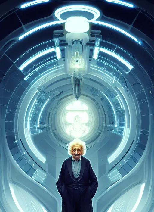 Image similar to symmetry!! portrait of einstein male, chemisty, sci - fi, glowing lights!! intricate, elegant, highly detailed, digital painting, artstation, concept art, smooth, sharp focus, illustration, art by artgerm and greg rutkowski and alphonse mucha, 8 k