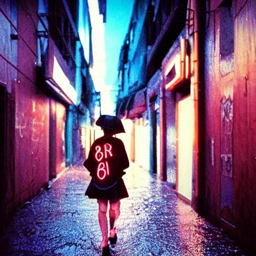 Image similar to 1990s perfect 8K HD professional cinematic photo of close-up japanese schoolgirl walking in dystopian alleyway with neon signs, at evening during rain, at instagram, Behance, Adobe Lightroom, with instagram filters, depth of field, taken with polaroid kodak portra