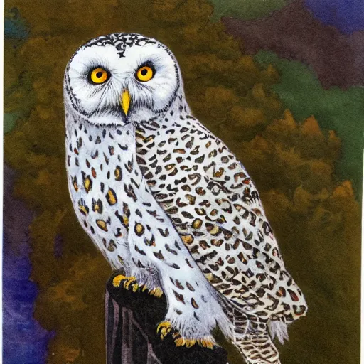 Prompt: snowy owl leopard gryphon, Louis William Wain watercolor,