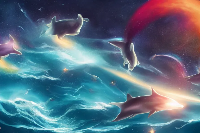 Image similar to a group of cosmic dolphins jumping out of a ocean in the cosmos in space, epic composition, 4 k