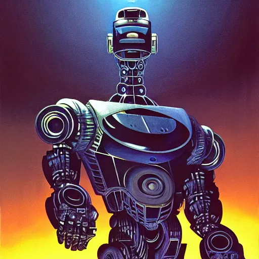 Prompt: a mike deodato style robot, 1 9 7 0 s sci - fi, oil on canvas painting, smooth, sharp focus, vibrant volumetric natural light in style of josan gonzalez and mike winkelmann and andgreg rutkowski and alphonse muchaand and caspar david friedrich and stephen hickman and james gurney and hiromasa ogura..