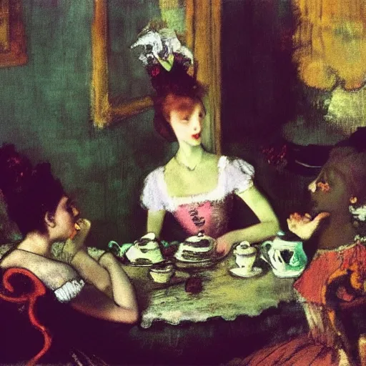 Prompt: “Alice at a tea party by Edgar Degas, Alice in Wonderland, realism”