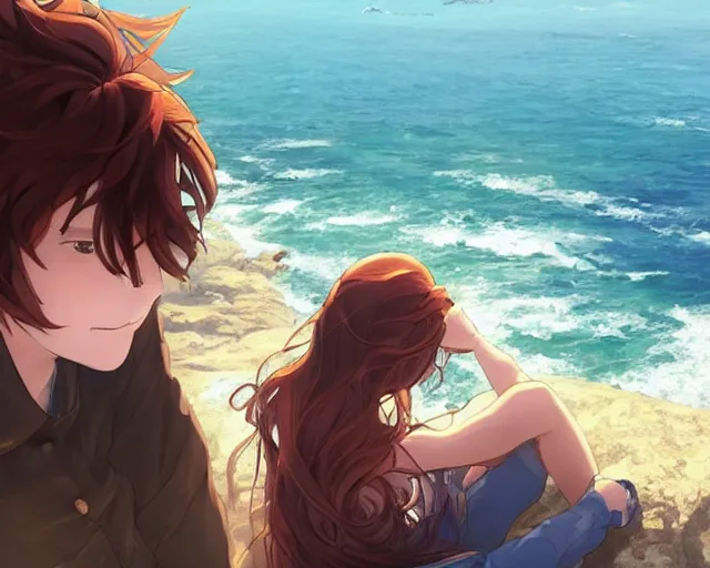 Image similar to a boy with brown hair and a girl with auburn hair sitting together on a cliff overlooking the ocean. Blue sea,, cliffside, sunset, atmospheric lighting, romantic, girl has long auburn hair. By Makoto Shinkai, Stanley Artgerm Lau, WLOP, Rossdraws, James Jean, Andrei Riabovitchev, Marc Simonetti, krenz cushart, Sakimichan, D&D trending on ArtStation, digital art.