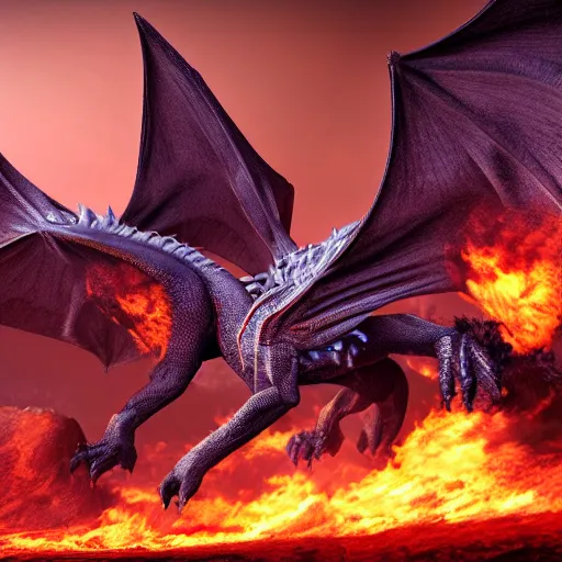 Prompt: breathtaking and majestic powerful dragon with spread wings surrounded by fire, 3d render, concept art, 8k, ultra detail