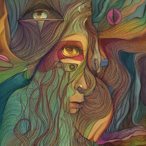 Image similar to dissociation, derealization, disconnection, amnesia, fantasy illustration, detailed, abstract, amorphous, eerie, organic, inhuman, rich colors