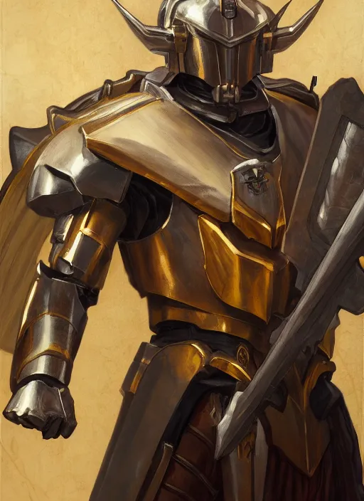 Prompt: medium-length portrait of a male paladin with short curly hair and a dark beard, dark brown skin, happy expression, wears a suit of power armor, gundam, holding buster sword aloft, medieval setting, highly detailed, digital painting, artstation, concept art, sharp focus, illustration, art by greg rutkowski and alphonse mucha