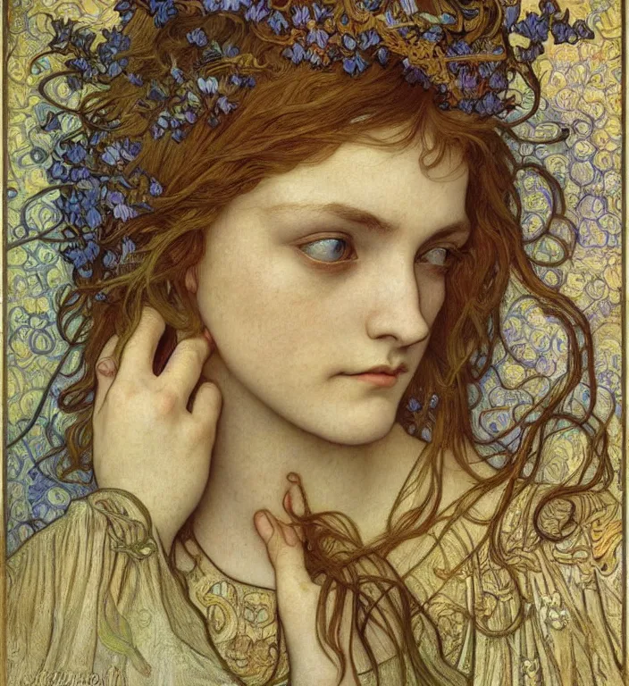 Image similar to detailed realistic beautiful young medieval queen face portrait by jean delville, alphonse mucha, vincent van gogh, and marco mazzoni, art nouveau, symbolist, visionary, gothic, pre - raphaelite