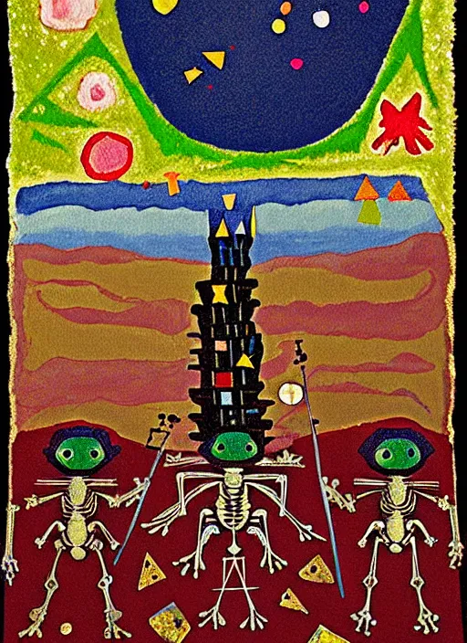 Image similar to pixel decollage painting tarot lovers card composition tower of babel road red armor maggot bear and wonky alien frog skeleton knight on a horse in a dark red cloudy night sky with golden foil jewish stars and diamonds, mountain lake and blossoming field in background, painted by Mark Rothko, Helen Frankenthaler, Danny Fox and Hilma af Klint, pixelated, neo expressionism, semi naive, pastel colors, cinematic, color field painting, cave painting, voxel, pop art look, outsider art, minimalistic. Bill Traylor painting, part by Philip Guston, Amano and Francis Bacon. art by Adrian Ghenie and Storm Thorgerson, very coherent symmetrical artwork, cinematic, hyper realism, high detail, octane render, unreal engine, Smooth gradients, depth of field, full body character drawing, extremely detailed, 8k, extreme detail, intricate detail, masterpiece