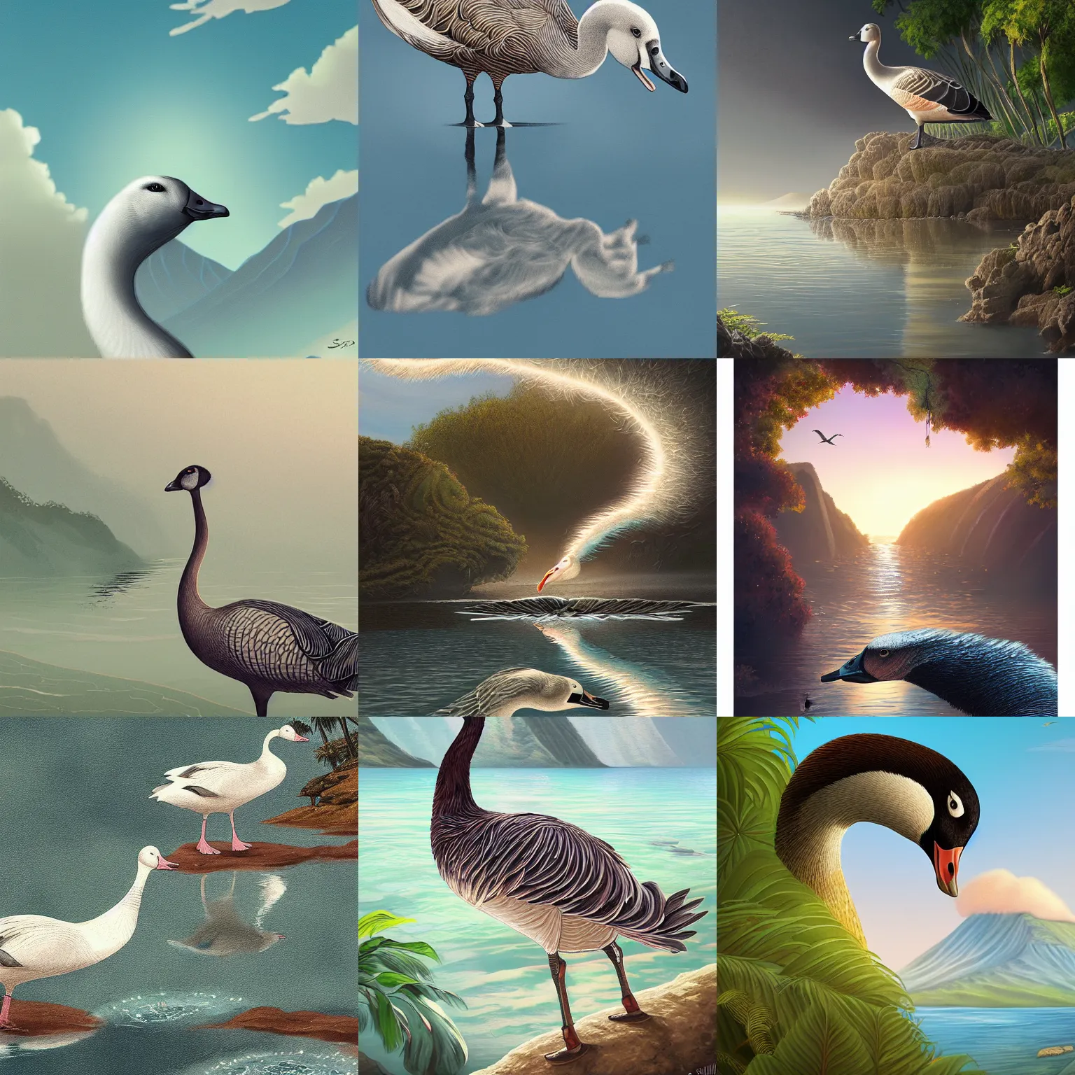 Prompt: a goose discovering maui, artstation, by Sakimichan, intricate, elegant, highly detailed, digital painting, smooth, sharp focus