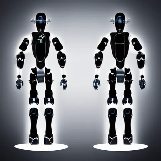 Image similar to “Front and back full body full height | sleek futuristic biped mecha | super high resolution photo | White background | Front and rear | Orthographic engineering diagram.”