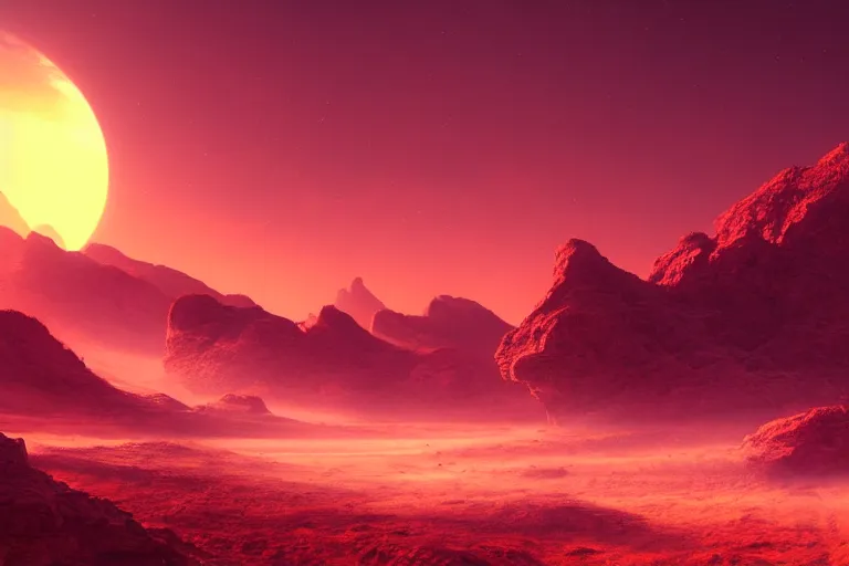 Prompt: beautiful landscape on an alien planet, the sky is red, there are two sun on the sky, digital art, highly detailed, 4k, trending on artstation