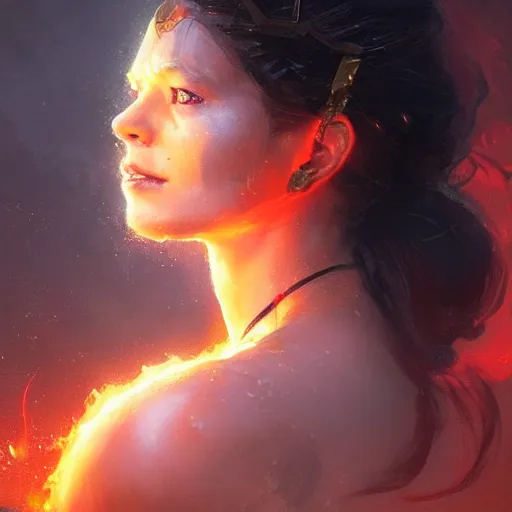 Image similar to a beautiful portrait of a flame goddess by by Greg Rutkowski and Raymond Swanland, Trending on Artstation, Flaming Background, ultra realistic digital art