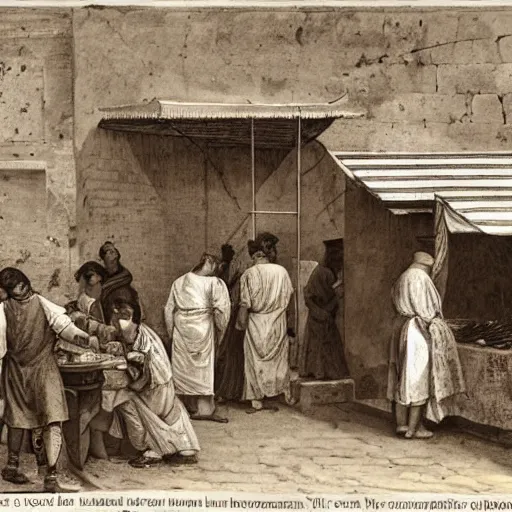 Prompt: a man working a food stand in ancient rome