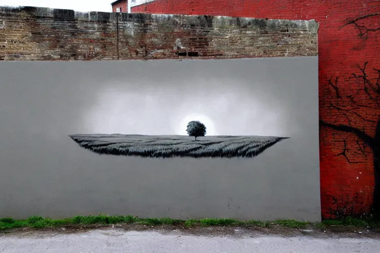 Prompt: wall painting, beautiful nature landscape, grey street wall, rule of thirds, art by banksy