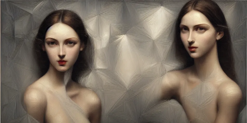 Prompt: a classic oil painting, geometric 3 d sculpture with long shot portraits extruding from the mesh grid, stunning gazes, enticing eyes, figurative, form, human, beauty, elegance, smooth, curves, monochrome, trending on art station