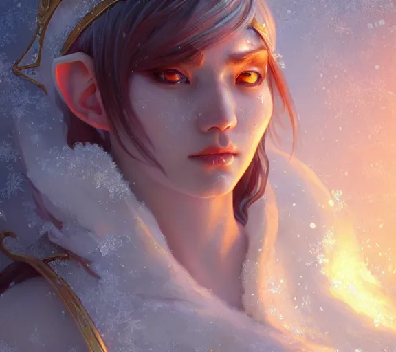 Image similar to beautiful ancient frost elf, fire in eye, snow glow, pool party, highly detailed, digital painting, artstation, sharp focus, illustration, art by tan zi and ayanamikodon and alphonse mucha and wlop