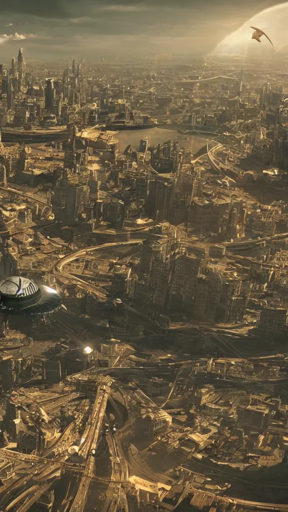 Prompt: The flying saucer is over the city,highly detailed,cinematography,realistic cinematic lighting, Super realistic 3D style