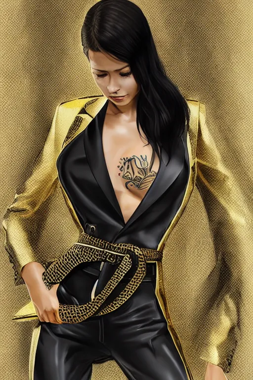 Image similar to yakuza slim girl, gold suit jacket in snake print, jacket over bare torso, yakuza tattoo on body, black short curtain haircut, black leather pants with black belt, elegant, 2d, ultra highly detailed, digital painting, smooth, sharp focus, artstation, art by Ilya Kuvshinov