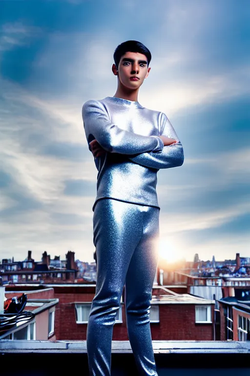 Image similar to un ultra high definition studio quality photographic art portrait of a young man standing on the rooftop of a british apartment building wearing soft padded silver pearlescent clothing. three point light. extremely detailed. golden ratio, ray tracing, volumetric light, shallow depth of field. set dressed.