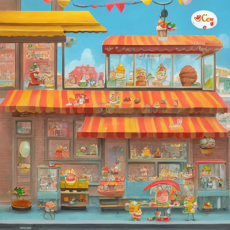 Image similar to ICE CREAM SHOP by richard scarry, HD, trending on artstation