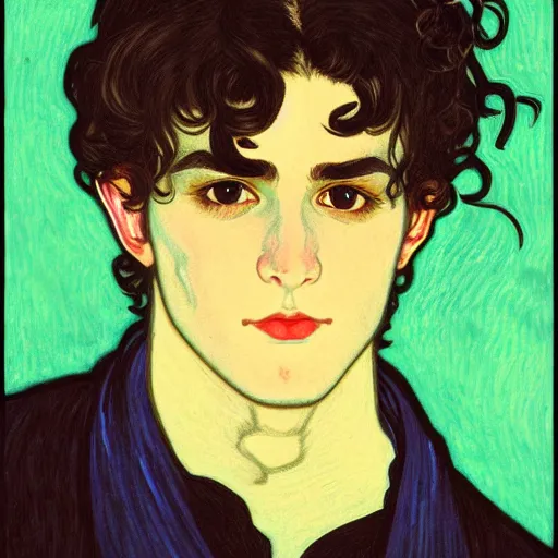 Image similar to painting of young cute handsome beautiful dark medium wavy hair man in his 2 0 s named shadow taehyung at the halloween pumpkin matcha party, straight nose, depressed, melancholy, autumn, elegant, clear, painting, stylized, delicate, soft facial features, delicate facial features, soft art, art by alphonse mucha, vincent van gogh, egon schiele