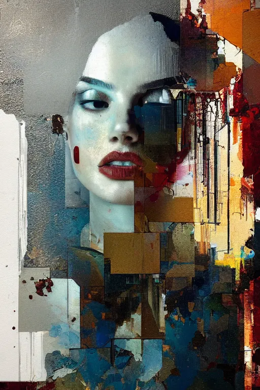 Image similar to a beautiful glitched painting by robert proch of a woman in a glitched bathroom, metal rust and plaster materials, pixel sorting, color bleeding, brushstrokes by jeremy mann, still life, dark colors