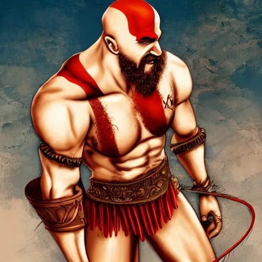 Image similar to kratos wearing a bikini and eating spaghetti, detailed digital art