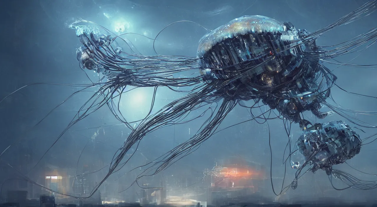 Prompt: robotic man o war jellyfish in style of cyberpunk technology, in style of johan grenier, thomas kinkade, artstation, 8 k 3 d, unreal engine, highly detailed, octane render, very intricate, cinematic lighting