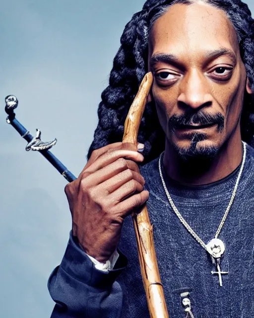 Image similar to Snoop Dogg in the role of Gandalf the Grey with his staff, film still, amazing short, 8K, IMAX, ultra detailed, Lord of the ribg