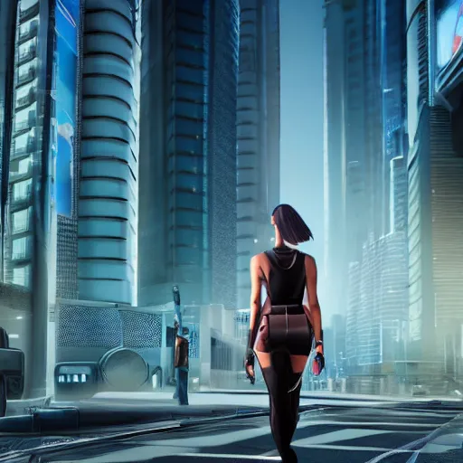 Image similar to portrait of a female cyborg walking down a futuristic cyberpunk street with tall buildings on both sides