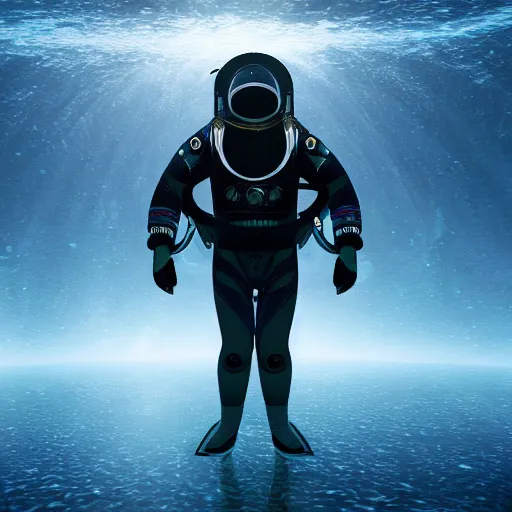 Image similar to concept art diver astronaut in underwater futuristic dark and empty spaceship. infrared complex and hyperdetailed technical suit design. reflection material. rays and dispersion of light breaking through the deep water. 3 5 mm, f / 3 2. noise film photo. flash photography. trend artstation