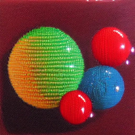 Prompt: chrome spheres on a red cube, needle point