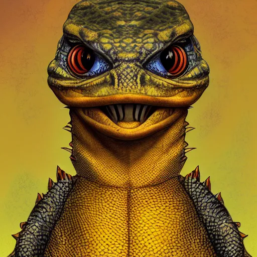 Image similar to portrait of yellow lizard, cult attire, antropomorphic, fantasy digital art, art station