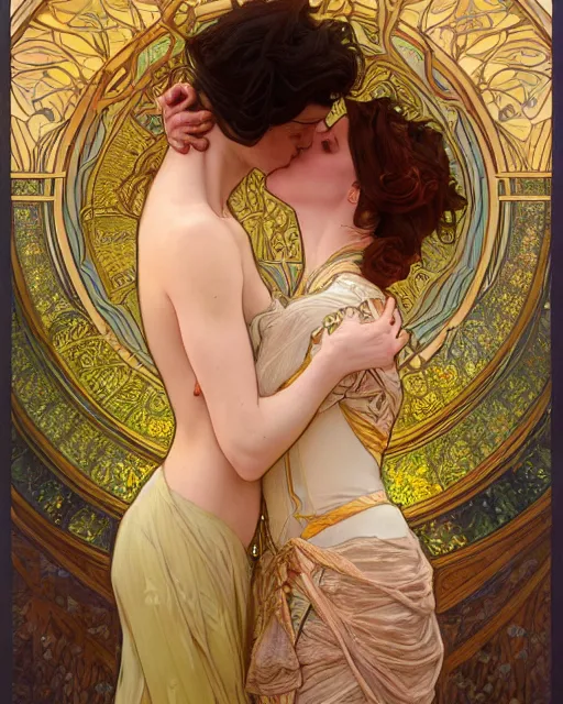 Image similar to the kiss | highly detailed | very intricate | art nouveau | gold filigree | romantic storybook fantasy | soft cinematic lighting | award - winning | painted by mandy jurgens and alphonse mucha and alena aenami | pastel color palette | featured on artstation