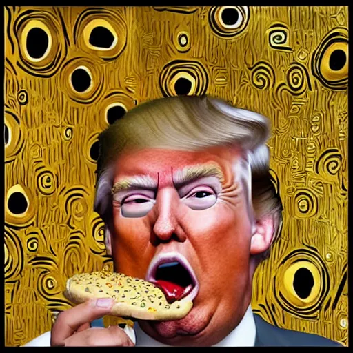 Prompt: donald trump eating a cheeseburger in the style of gustav klimt drawing