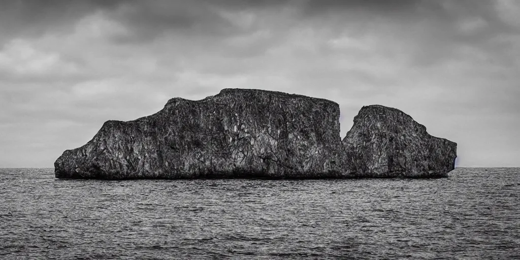 Image similar to black and white crystal cliffs surrounding an island, viewed from the ocean, high quality digital art,