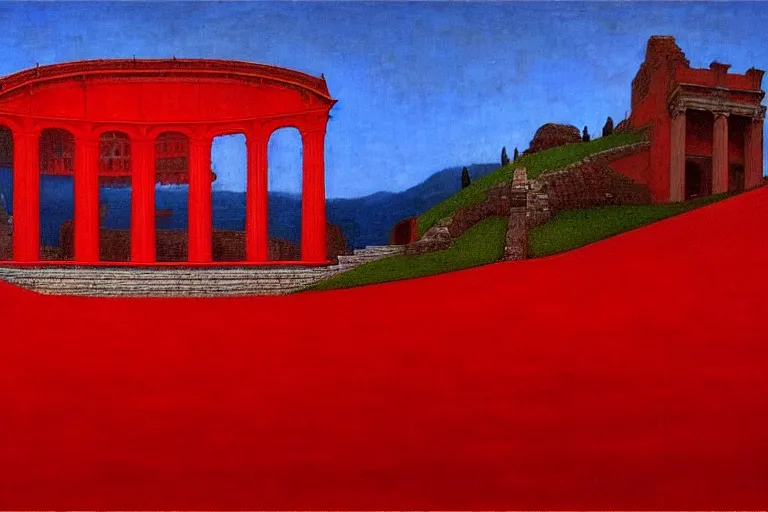 Image similar to only with red, a red great emperor, taormina amphitheatre, crowd with big smile, in the style of beksinski, parts by edward hopper, parts by rodcenko, parts by yue minjun, intricate and epic composition, red by caravaggio, insanely quality, highly detailed, masterpiece, red light, artstation, 4 k