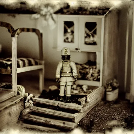 Image similar to toy soldier civil war inside abandoned dollhouse, 35mm grainy film photography