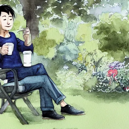 Prompt: ryuichi tanaka drinking coffee in the garden. watercolor by the award - winning concept artist