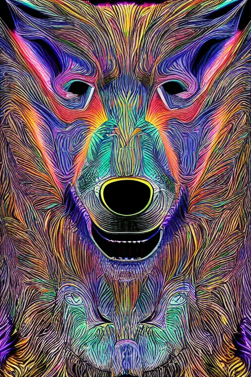 Image similar to Portrait of a wolf head. Psychedelic, acid trip, Geometrical, symmetrical, brutalist, cement, psychedelic colors, trending on artstation