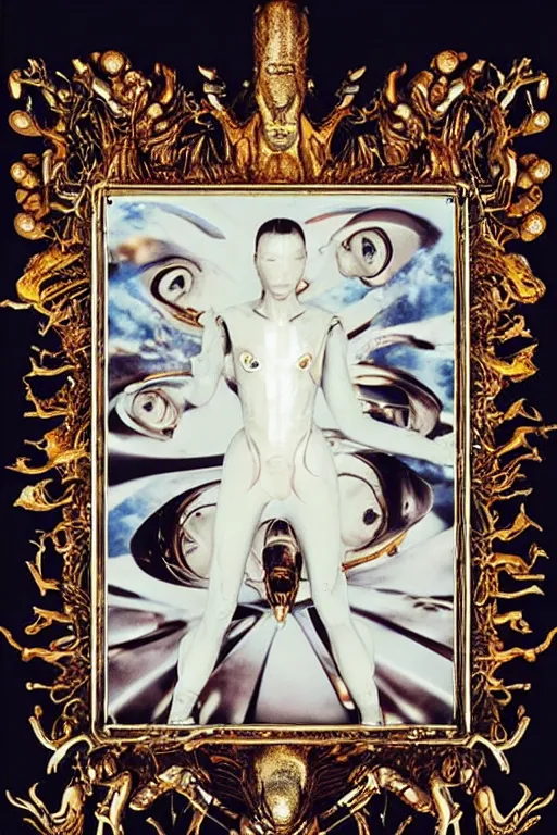 Image similar to polaroid still symmetry frame from Alien Covenant movie by Takashi Murakami, from Pan's Labyrinth (2006) by James Stokoe, creation of life , dressed by Salvatore Ferragamo and by Chanel, haute couture painted by Peter Paul Rubens and by John Baeder, editorial fashion photography from vogue magazine, in coral stalagmite by Jean-Michel Basquiat