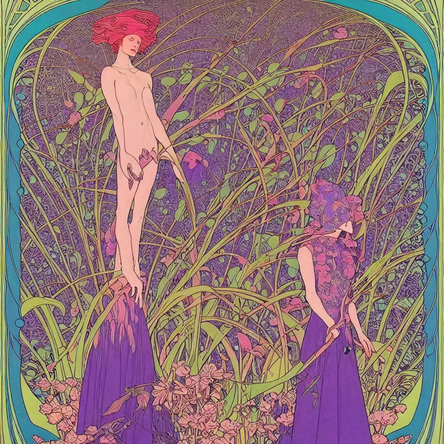 Image similar to ( ( ( ( beautiful strange forest and flowers surrounded by an art nouveau style frame ) ) ) ) by mœbius!!!!!!!!!!!!!!!!!!!!!!!!!!!, overdetailed art, colorful, record jacket