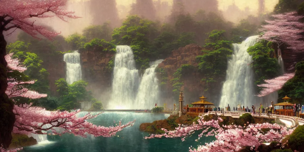 Image similar to a beautiful rendering of an art deco Shangri-la brownstone temple on a platform that extends over a great waterfall, Sakura cherry blossoms , by Albert bierstadt and jonas de ro and studio ghibli, trending on artstation-H 576